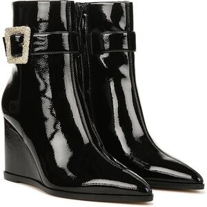 Sam Eldelman Weslie Wet Faux Leather Big Buckle Pointed Toe Wedge Bootie 6